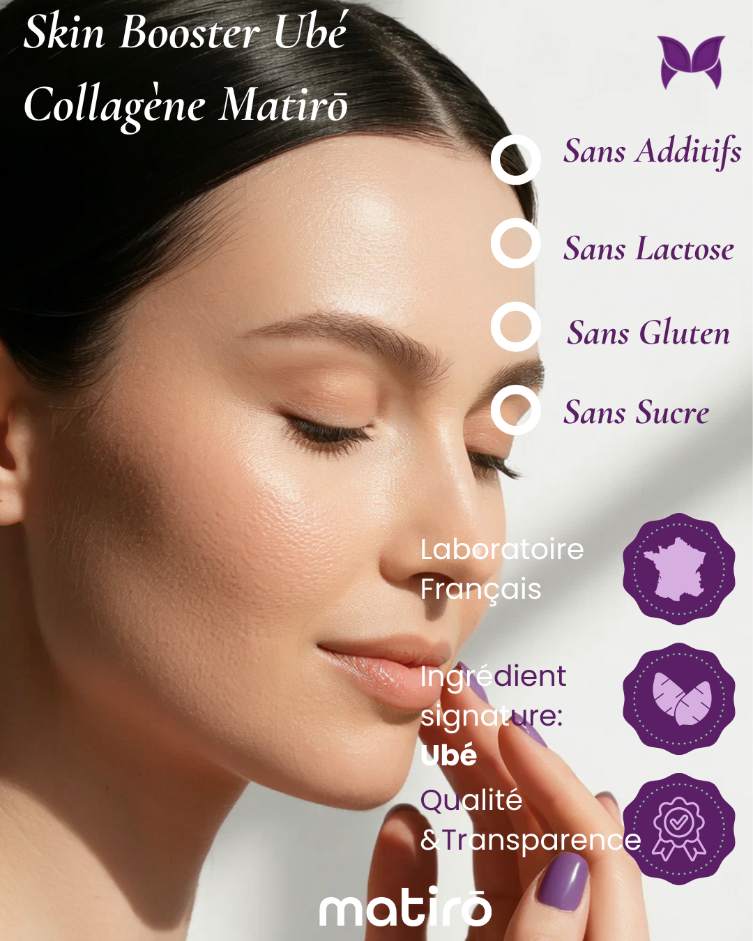 Skin Booster Matirō — soin beauté interne, poudre d'Ubé et collagène type 1 et 3