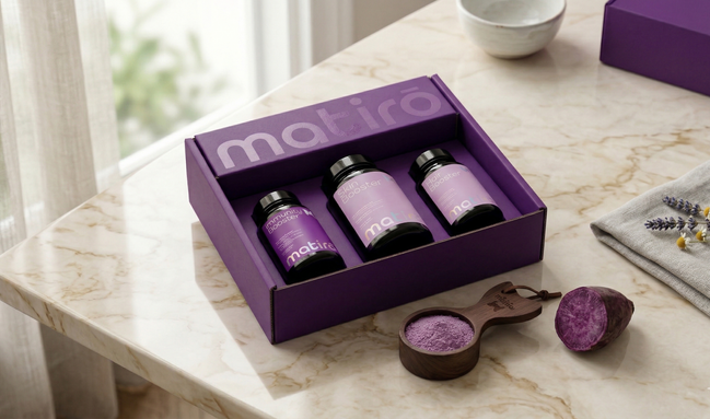 Pack Matirō — coffret 3 boosters Skin, Hair et Immunity sur fond marbre avec poudre d'Ubé