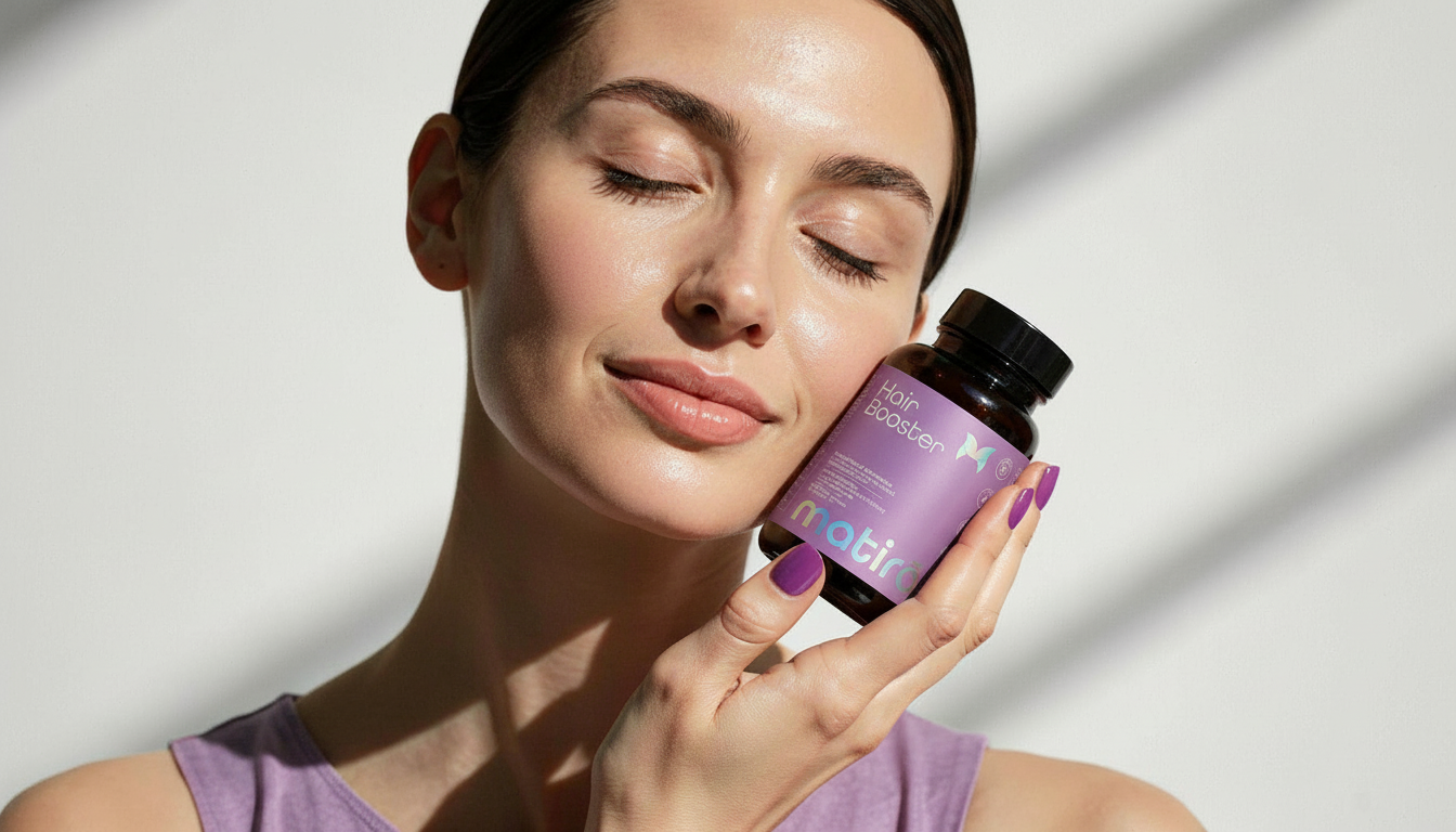 Hair Booster Matirō tenu dans une main, complément cheveux biotine et Ubé
