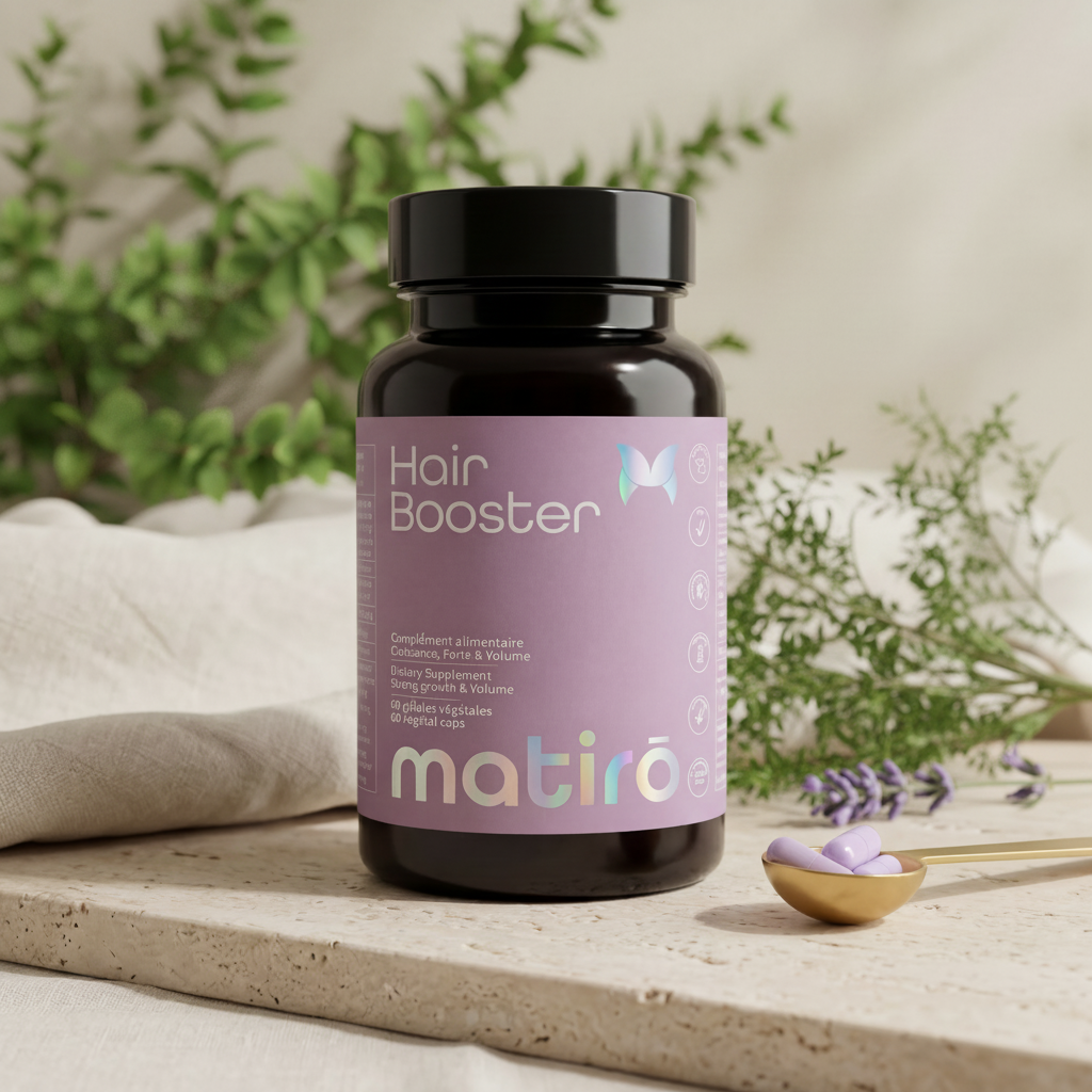 Hair Booster Matirō — gélules végétales pour cheveux forts, packaging mauve