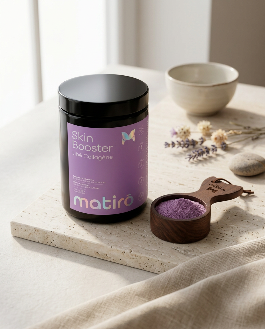 Skin Booster Matirō — collagène marin hydrolysé à l'Ubé dans un verre
