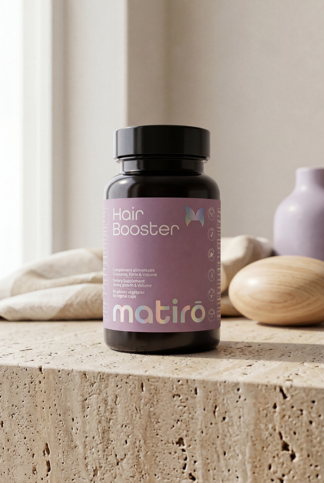 Hair Booster Matirō — flacon de gélules, biotine ultra-dosée, formule capillaire